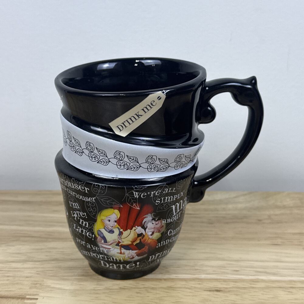 Disney Parks Alice in Wonderland Mug Black White Tea Time Mad Hatter MINT
